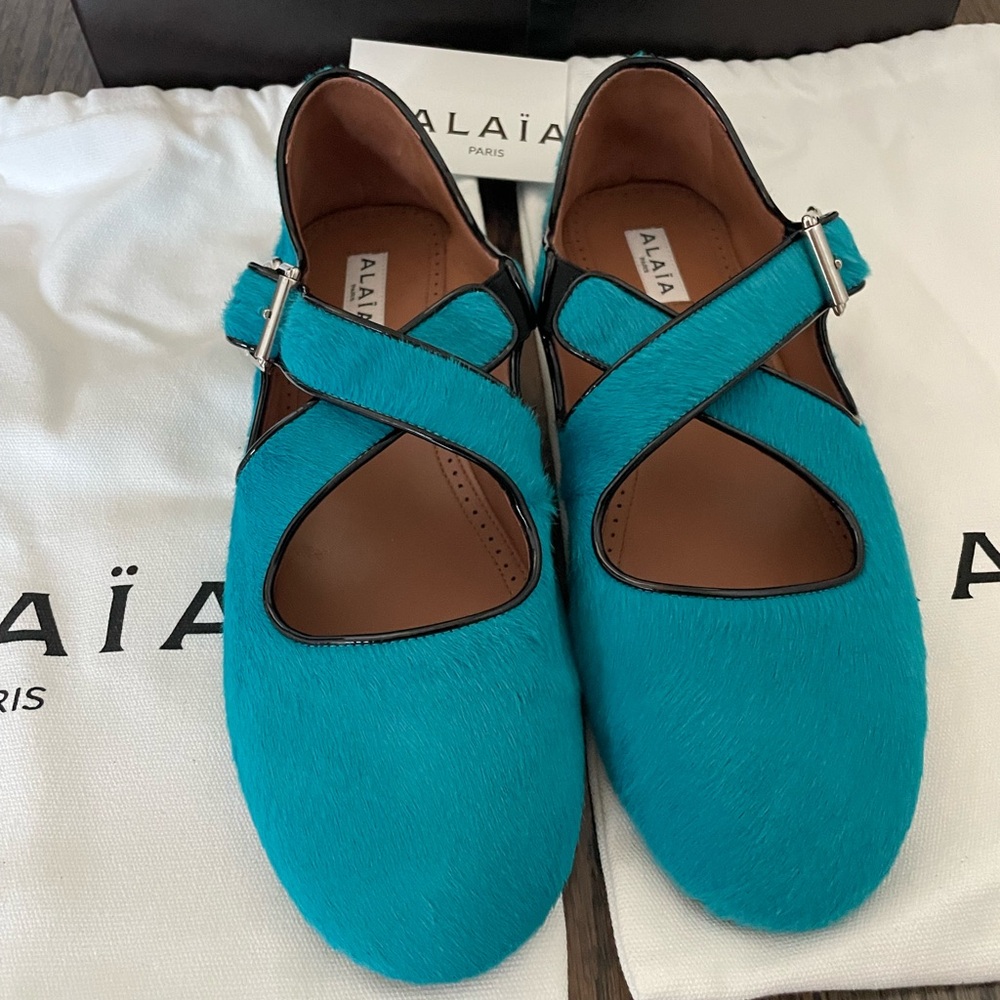 Alaia cross cross calf hair ballet flats turquoise blue size 40 EU / 10 US - Picture 9 of 16